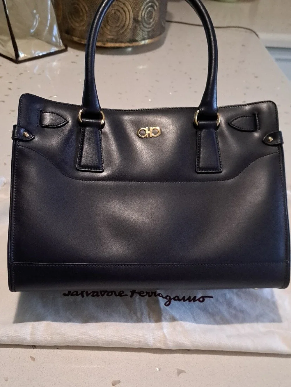 Salvatore Ferragamo Navy Leather Briana Bag with Gold Hardware